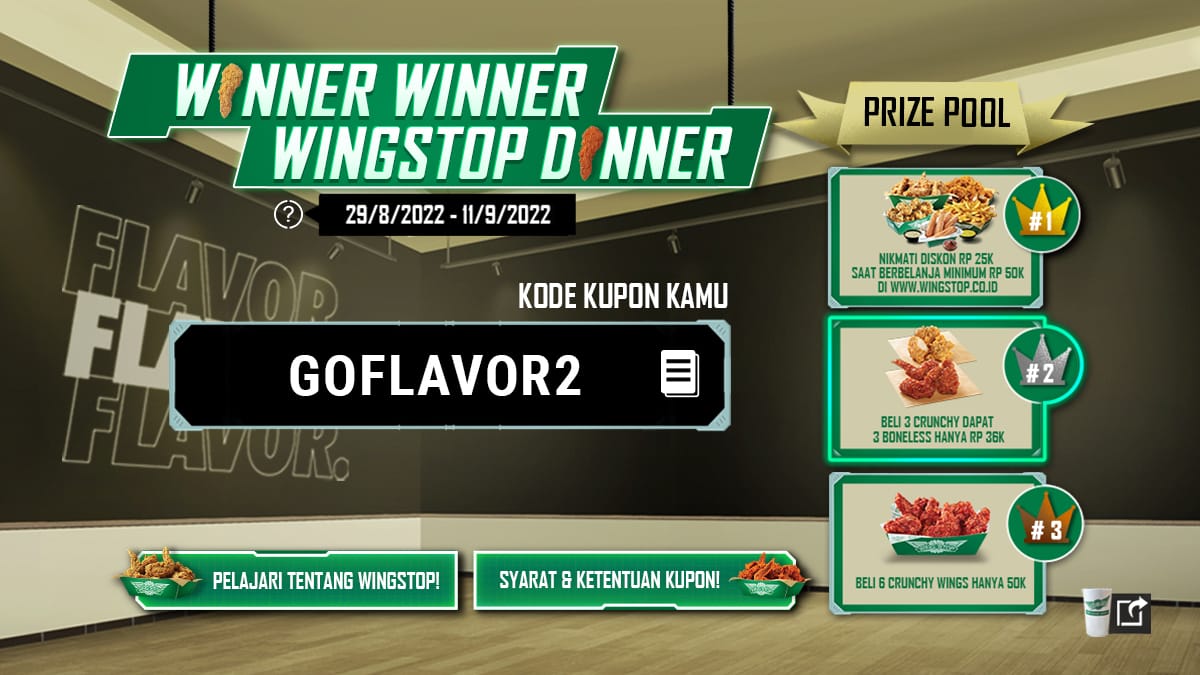 Voucher Winner Winner Chicken Dinner (Sumber gambar : Wingstop) Voucher Winner Winner Chicken Dinner (Sumber gambar : Wingstop)